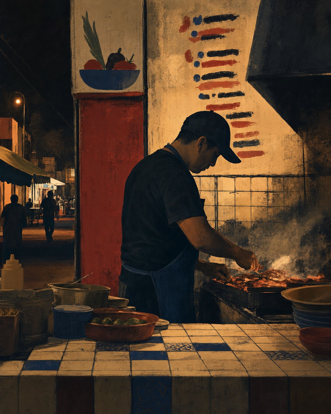A taquero working over a smoking grill at night