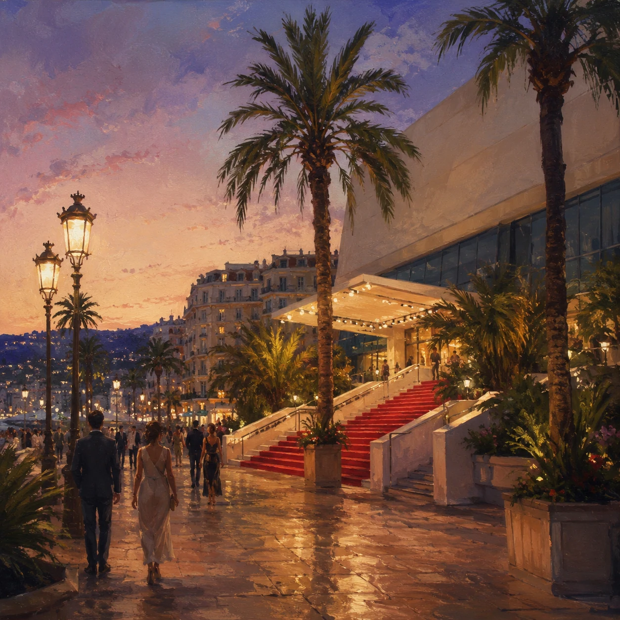 Cannes festival entrance and red carpet beneath palm trees at dusk