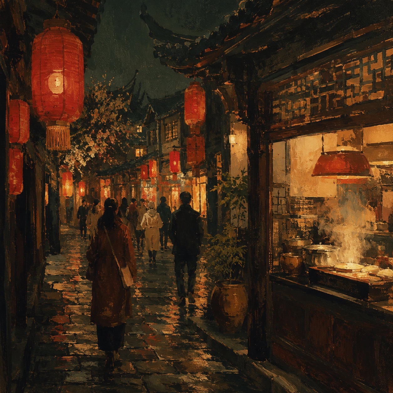 A lantern-lit Chengdu lane with a steaming open kitchen