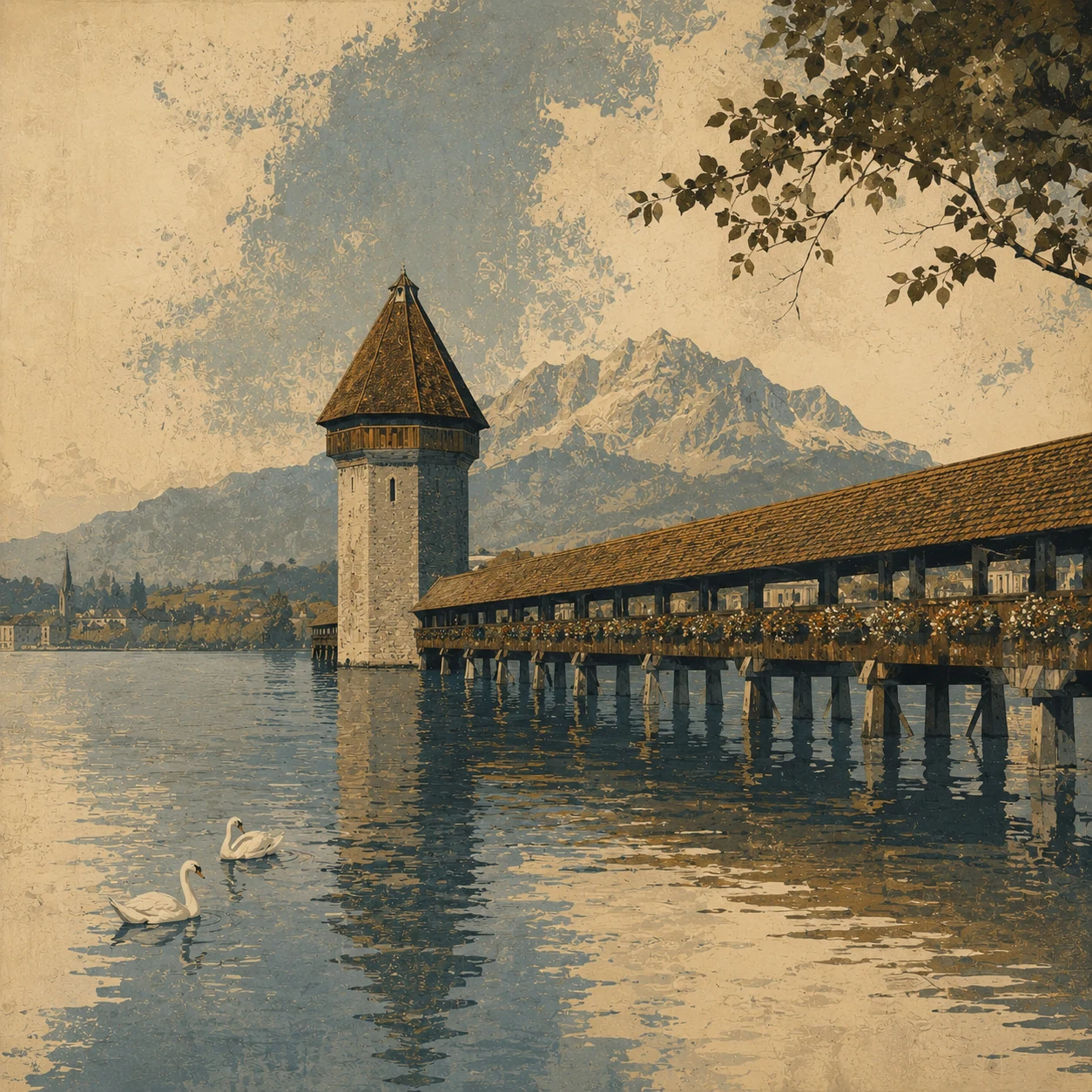 Lucerne Chapel Bridge and Water Tower reflected in the lake