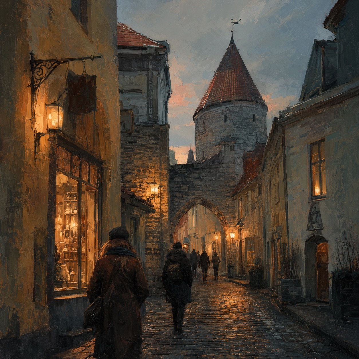 A lantern-lit cobblestone lane beneath a medieval tower in Tallinn's old town